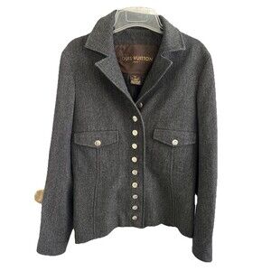 VGUC Louis Vuitton Military Wool Gray Tan Sz 38 S Silk LV Monogram Lining Blazer